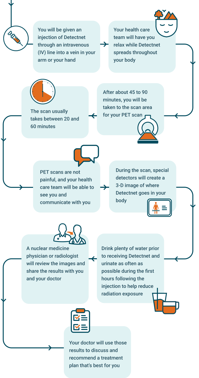 Flow chart showing the process for, and what to expect during and after, your PET scan with Detectnet.